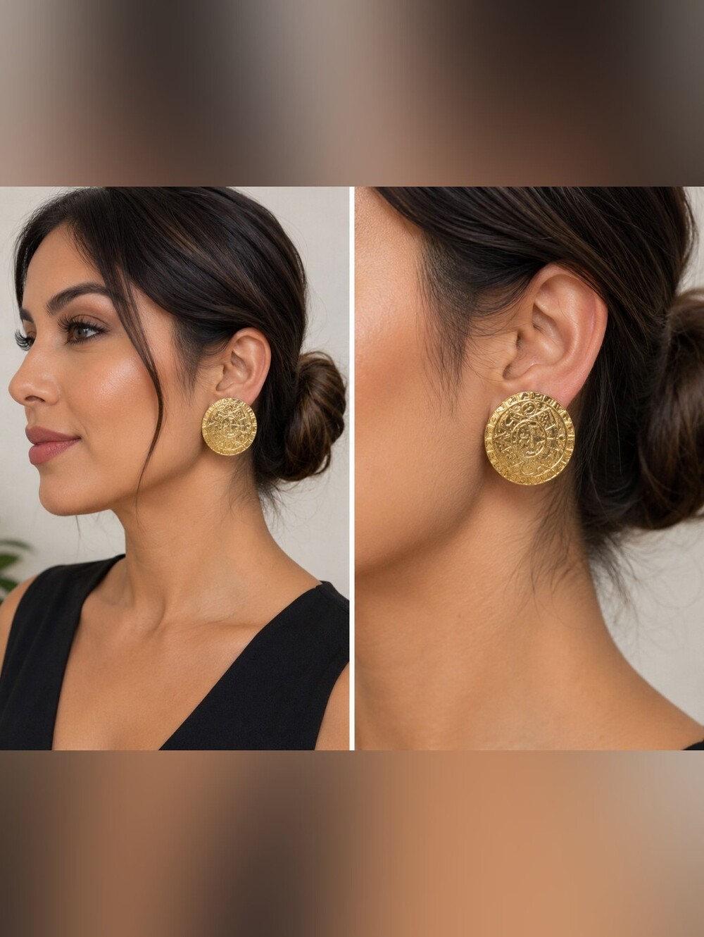 Vintage Gold Tone Coin Medallion Clip-On Statement Earrings